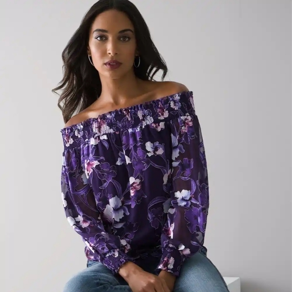 White House Black Market Purple Floral Off-Shoulder Blouse